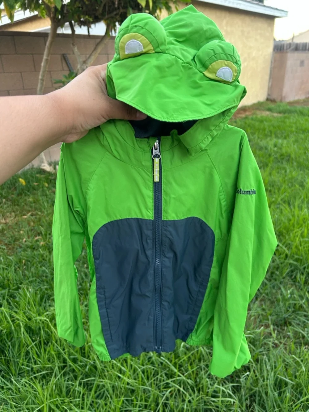 Columbia Bright Green Frog Hood Rain Jacket with Dark Gray Panel